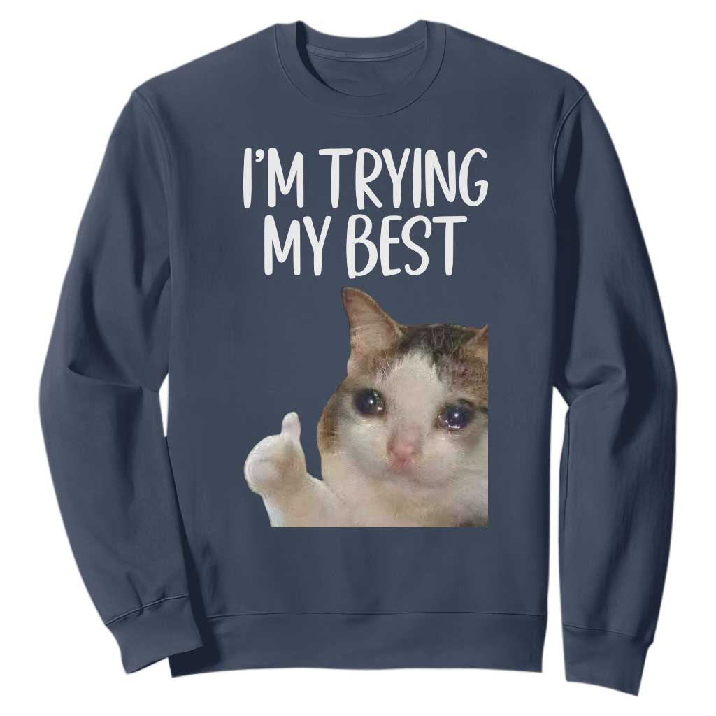 Im Trying My Best Funny Crying Cat Meme Sweatshirt TS10 Navy Print Your Wear