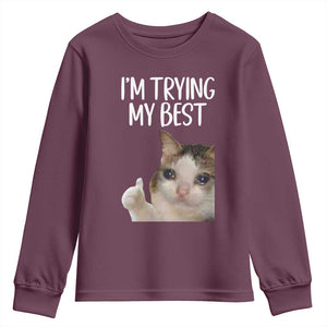 Im Trying My Best Funny Crying Cat Meme Youth Sweatshirt TS10 Maroon Print Your Wear