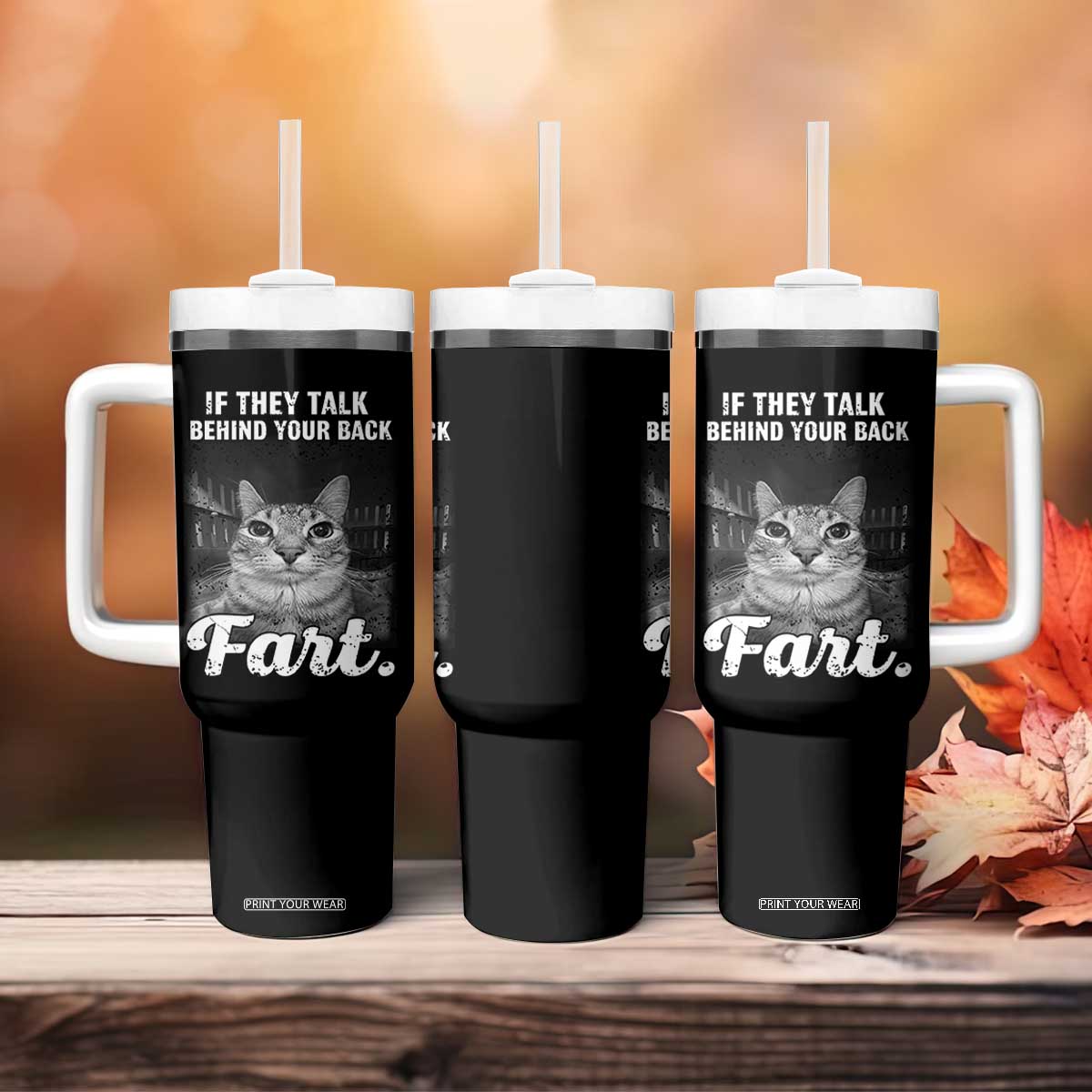 If They Talk Behind Your Back Fart Tumbler With Handle Cat Meme Funny Oddly Specific TS10 Print Your Wear