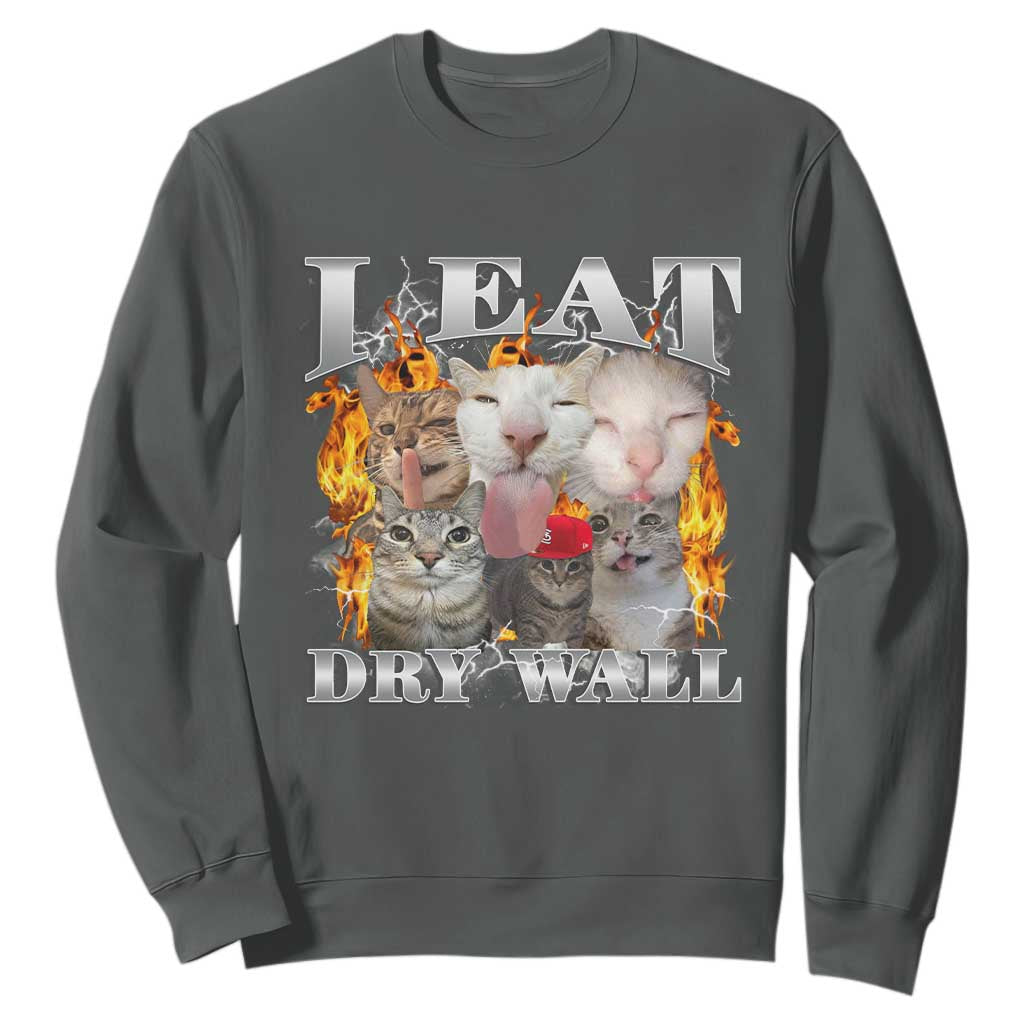 Funny Cat Meme Bootleg Graphic Sweatshirt I Eat Drywall Funny Weird Cursed Internet Memes TS10 Dark Heather Print Your Wear