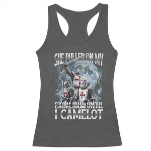 Funny Offensive Knight Meme Racerback Tank Top She Pulled On My Excalibur Bootleg TS10 Dark Heather Print Your Wear