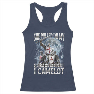 Funny Offensive Knight Meme Racerback Tank Top She Pulled On My Excalibur Bootleg TS10 Navy Print Your Wear