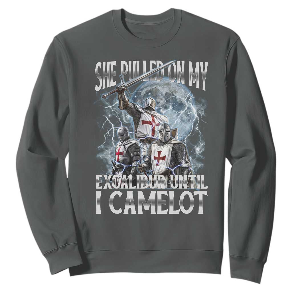 Funny Offensive Knight Meme Sweatshirt She Pulled On My Excalibur Bootleg TS10 Dark Heather Print Your Wear