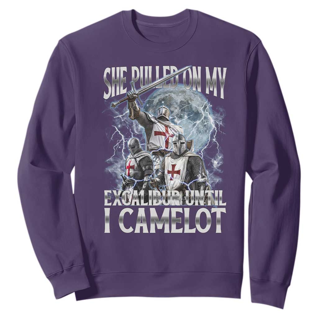 Funny Offensive Knight Meme Sweatshirt She Pulled On My Excalibur Bootleg TS10 Purple Print Your Wear