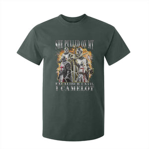 Funny Knight Meme T Shirt For Kid She Pulled On My Excalibur Offensive Medieval Warrior Bootleg TS10 Dark Forest Green Print Your Wear