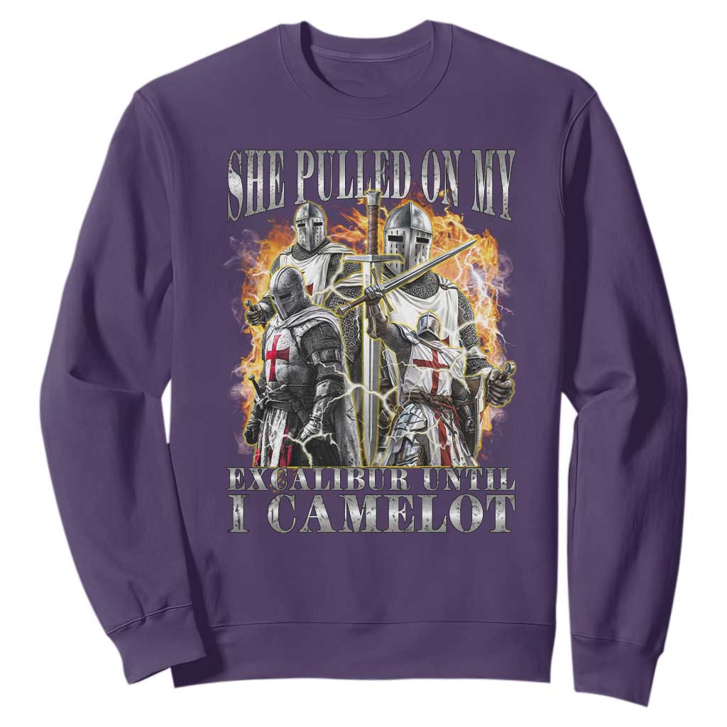 Funny Knight Meme Sweatshirt She Pulled On My Excalibur Offensive Medieval Warrior Bootleg TS10 Purple Print Your Wear