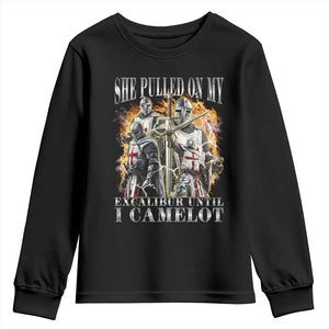 Funny Knight Meme Youth Sweatshirt She Pulled On My Excalibur Offensive Medieval Warrior Bootleg TS10 Black Print Your Wear