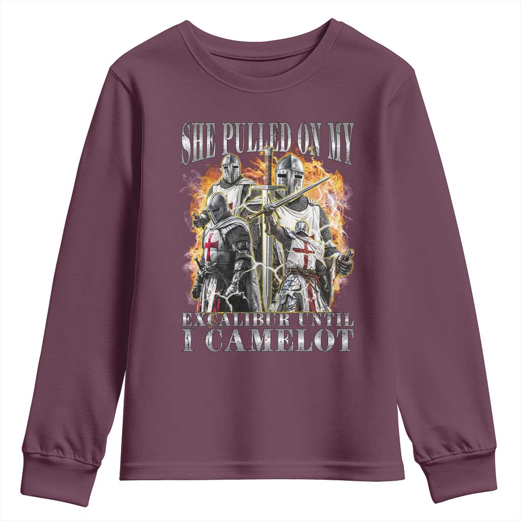 Funny Knight Meme Youth Sweatshirt She Pulled On My Excalibur Offensive Medieval Warrior Bootleg TS10 Maroon Print Your Wear