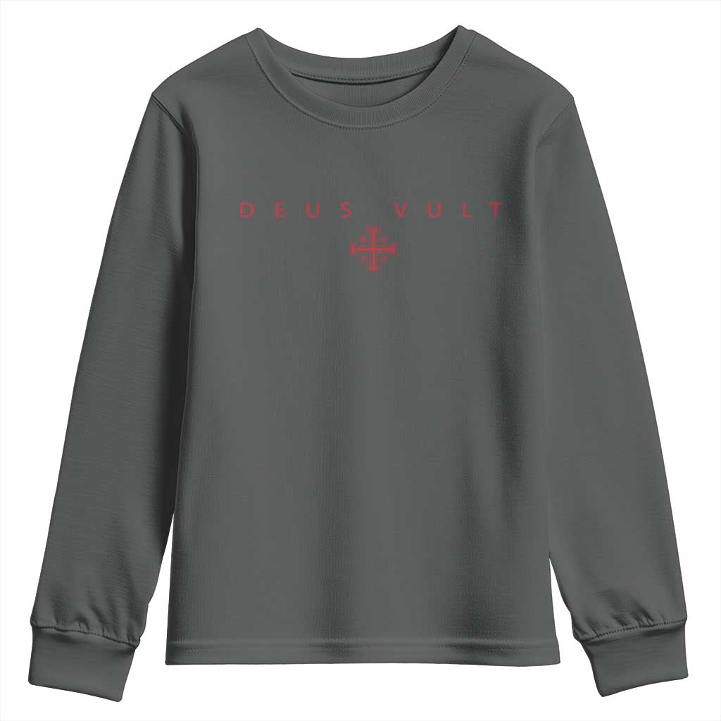Catholic Knight Templar Crusader Cross Youth Sweatshirt Subtle Minimal Christian Faith Deus Vult TS10 Dark Heather Print Your Wear