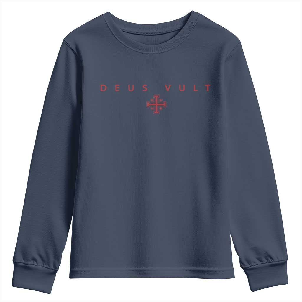 Catholic Knight Templar Crusader Cross Youth Sweatshirt Subtle Minimal Christian Faith Deus Vult TS10 Navy Print Your Wear