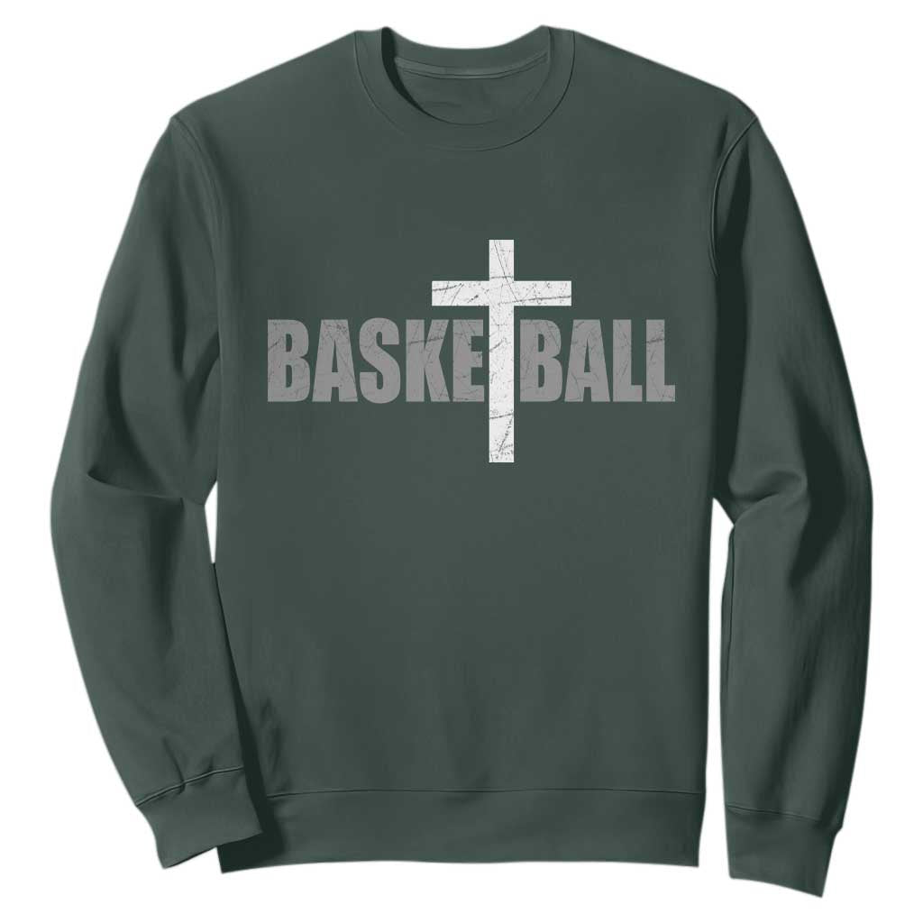 Christian Basketball Cross Sweatshirt Vintage Minimal Religious Faith TS10 Dark Forest Green Print Your Wear