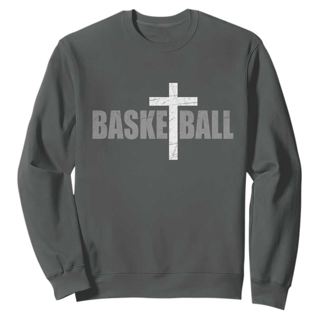 Christian Basketball Cross Sweatshirt Vintage Minimal Religious Faith TS10 Dark Heather Print Your Wear