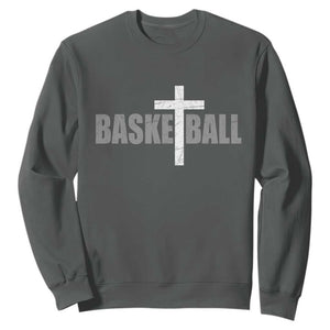 Christian Basketball Cross Sweatshirt Vintage Minimal Religious Faith TS10 Dark Heather Print Your Wear