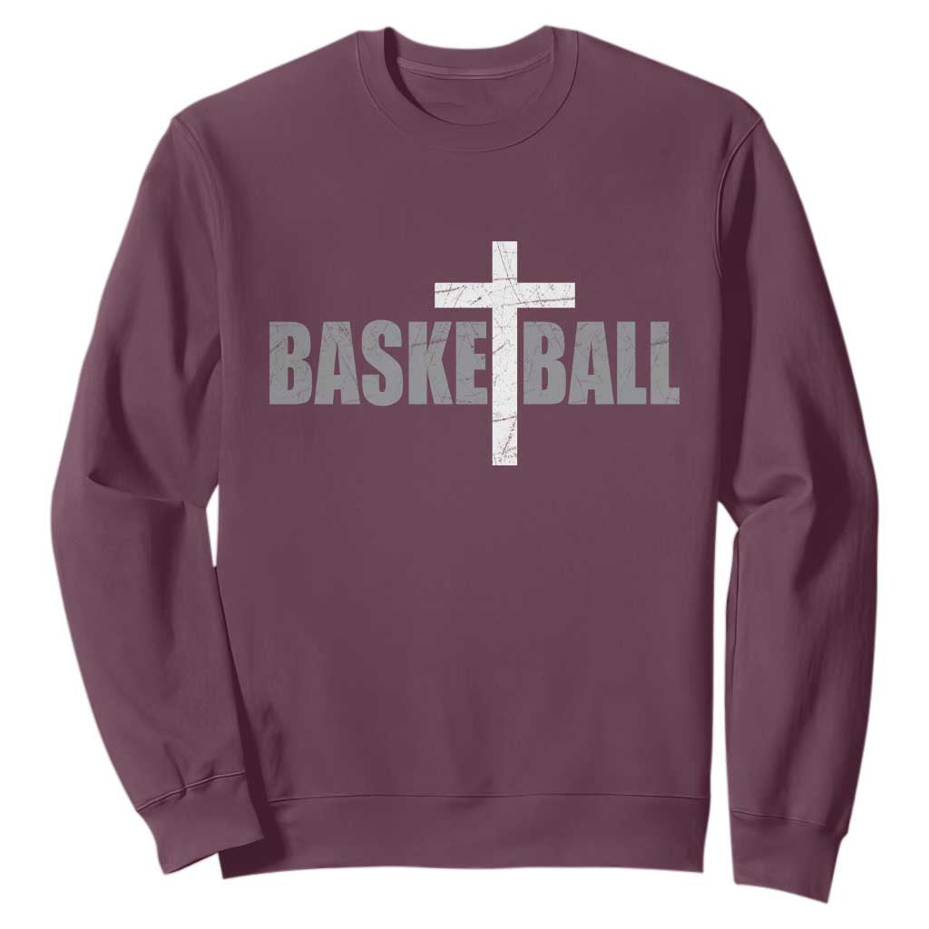 Christian Basketball Cross Sweatshirt Vintage Minimal Religious Faith TS10 Maroon Print Your Wear
