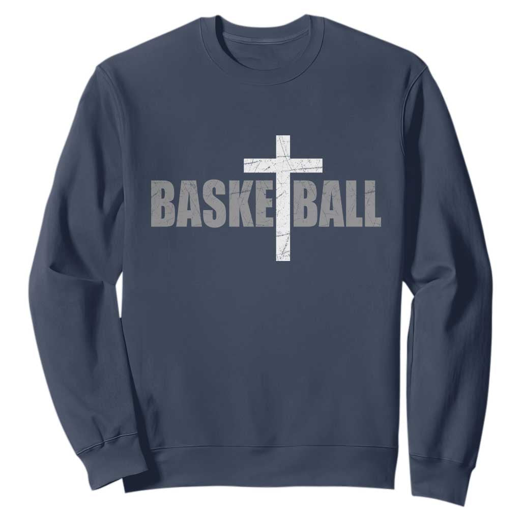 Christian Basketball Cross Sweatshirt Vintage Minimal Religious Faith TS10 Navy Print Your Wear