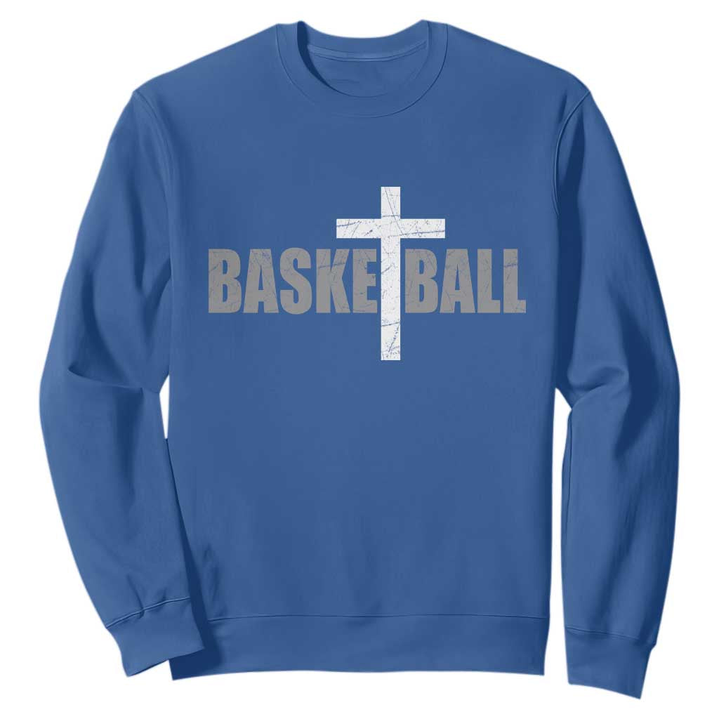 Christian Basketball Cross Sweatshirt Vintage Minimal Religious Faith TS10 Royal Blue Print Your Wear