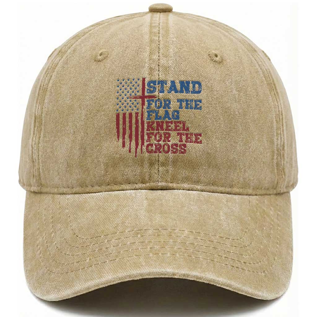 Stand For The Flag Kneel For The Cross Washed Cotton Baseball Cap Cross US Flag American Patriotic Christian Faith 4th of July TS10 Print Your Wear