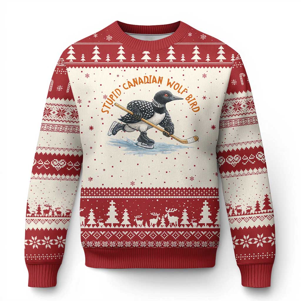 Stupid Canadian Wolf Bird Ugly Christmas Sweater Funny Romance Hockey Fan LGBTQ+ TS10 Beige Red Print Your Wear