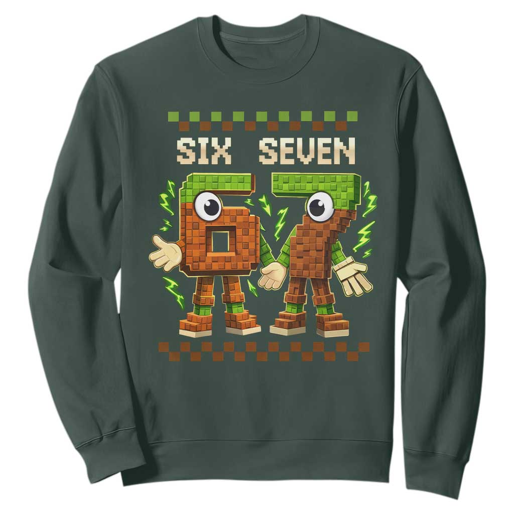 Six Seven Brainrot Italian Funny 67 Sweatshirt Checkered Kids Gaming Meme TS10 Dark Forest Green Print Your Wear
