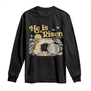 He Is Risen Long Sleeve Shirt Retro Vintage Easter Jesus Christian Apparel TS10 Black Print Your Wear