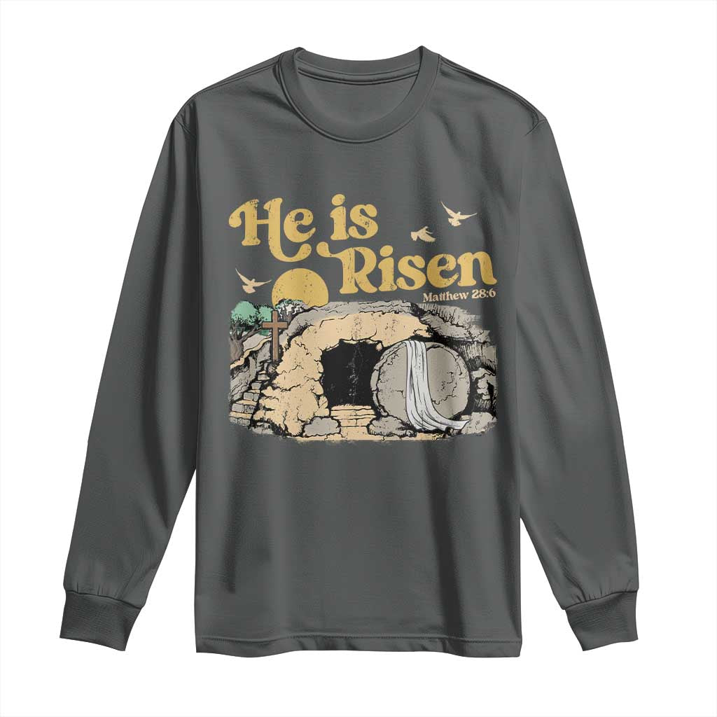 He Is Risen Long Sleeve Shirt Retro Vintage Easter Jesus Christian Apparel TS10 Dark Heather Print Your Wear