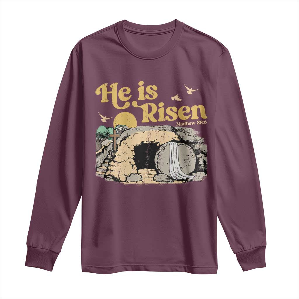 He Is Risen Long Sleeve Shirt Retro Vintage Easter Jesus Christian Apparel TS10 Maroon Print Your Wear