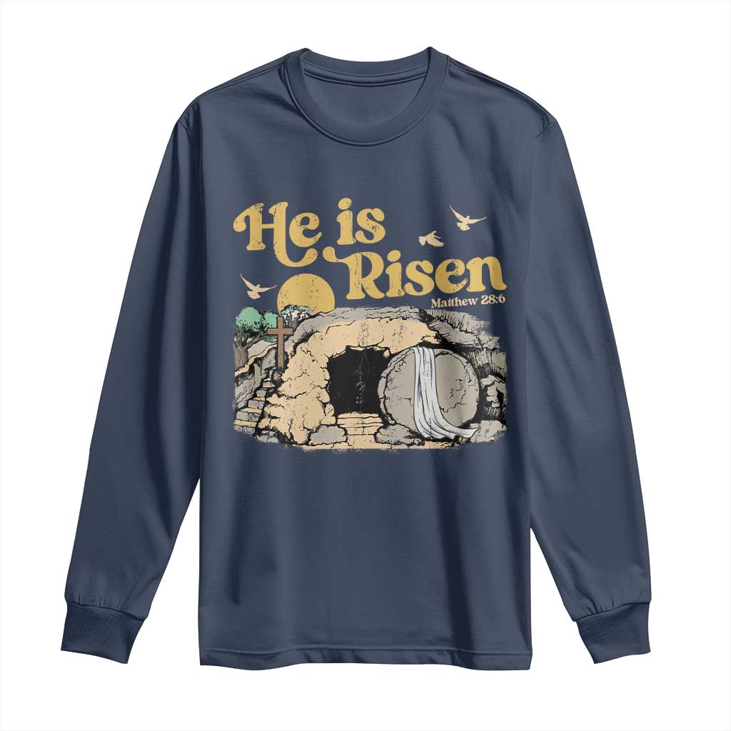 He Is Risen Long Sleeve Shirt Retro Vintage Easter Jesus Christian Apparel TS10 Navy Print Your Wear