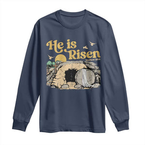 He Is Risen Long Sleeve Shirt Retro Vintage Easter Jesus Christian Apparel TS10 Navy Print Your Wear