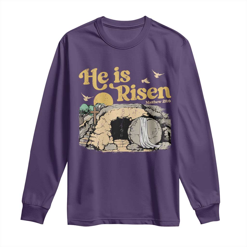 He Is Risen Long Sleeve Shirt Retro Vintage Easter Jesus Christian Apparel TS10 Purple Print Your Wear