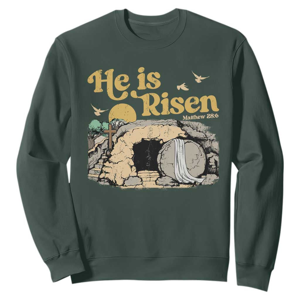 He Is Risen Sweatshirt Retro Vintage Easter Jesus Christian Apparel TS10 Dark Forest Green Print Your Wear