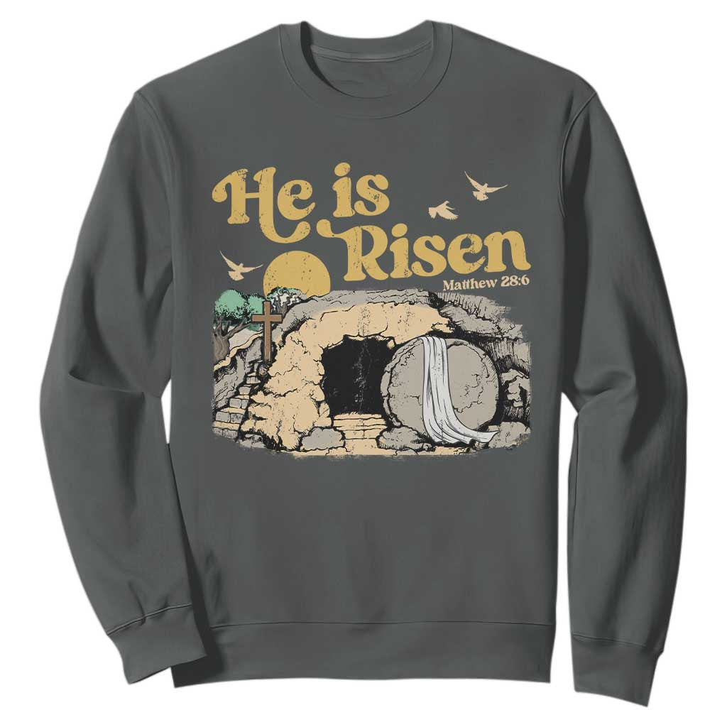 He Is Risen Sweatshirt Retro Vintage Easter Jesus Christian Apparel TS10 Dark Heather Print Your Wear