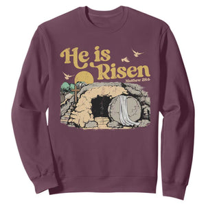 He Is Risen Sweatshirt Retro Vintage Easter Jesus Christian Apparel TS10 Maroon Print Your Wear