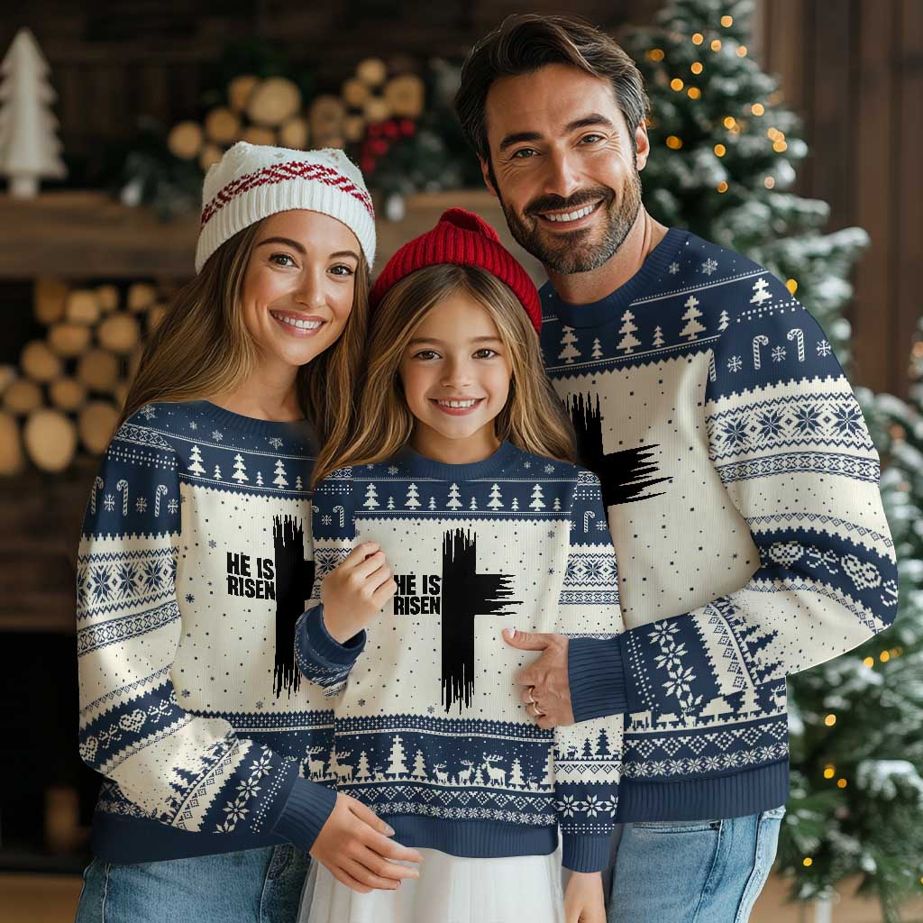 He Is Risen Ugly Christmas Sweater Christian Easter Cross TS10 Beige Navy Print Your Wear