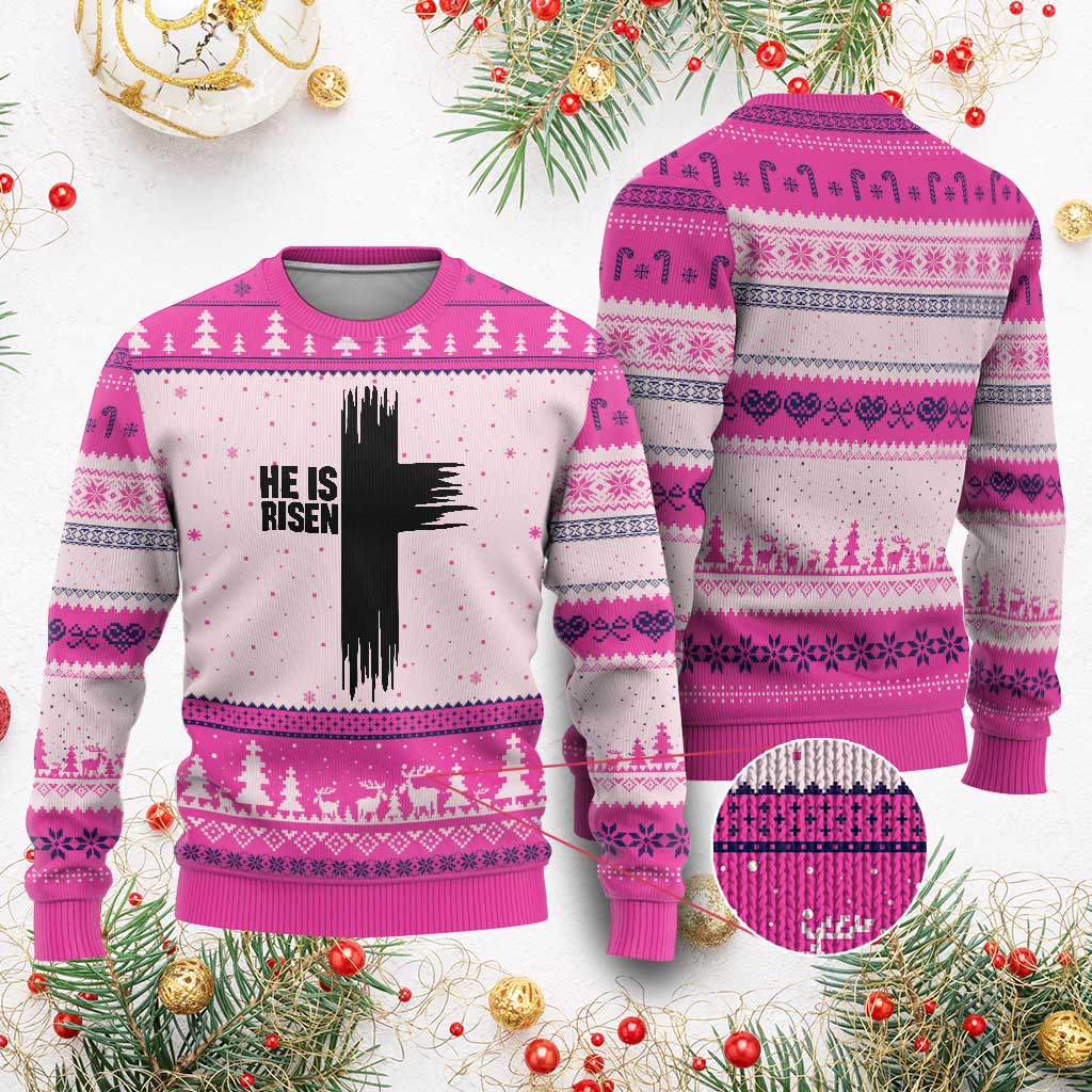 He Is Risen Ugly Christmas Sweater Christian Easter Cross TS10 Hot Pink Print Your Wear