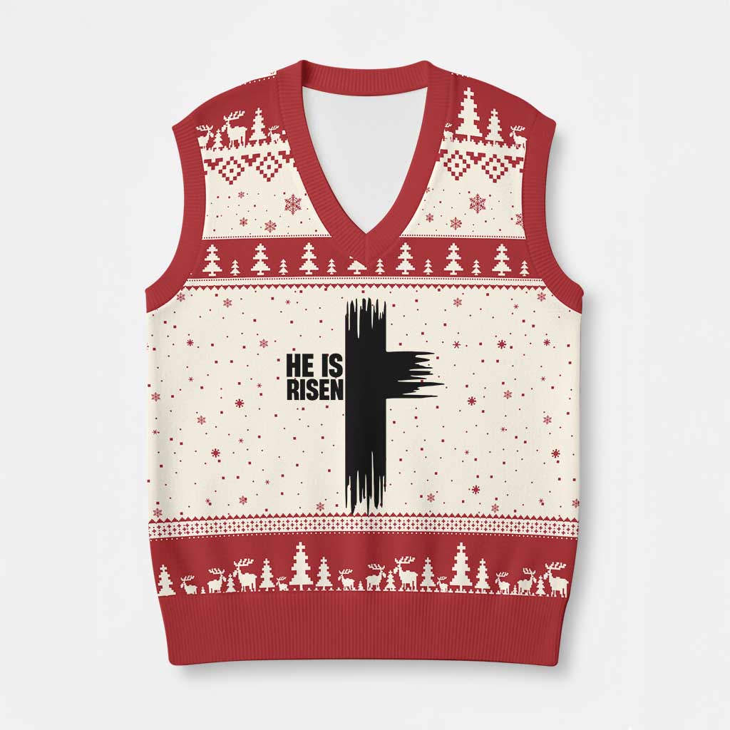 He Is Risen V-Neck Knit Sweater Vest Christian Easter Cross TS10 Beige Red Print Your Wear
