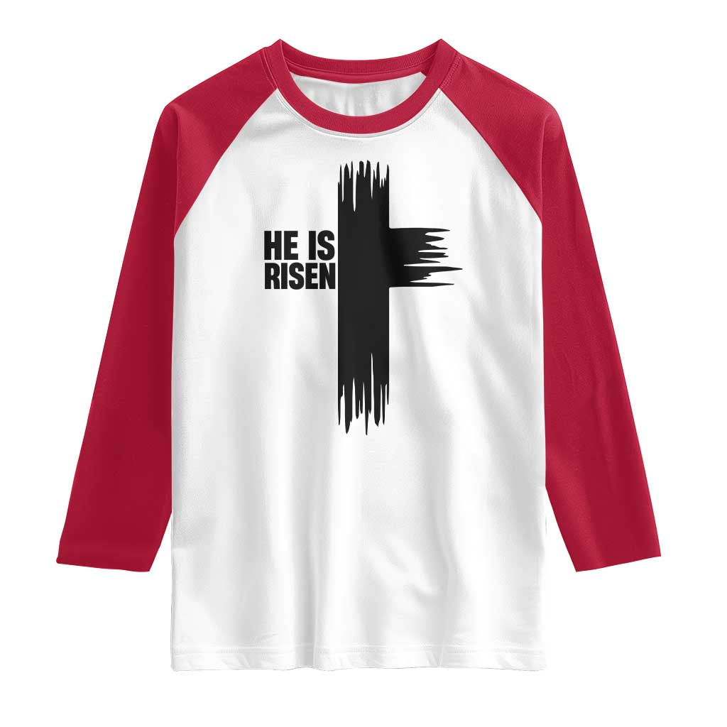 He Is Risen Raglan Shirt Christian Easter Cross TS10 White Red Print Your Wear