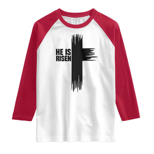 He Is Risen Raglan Shirt Christian Easter Cross TS10 White Red Print Your Wear