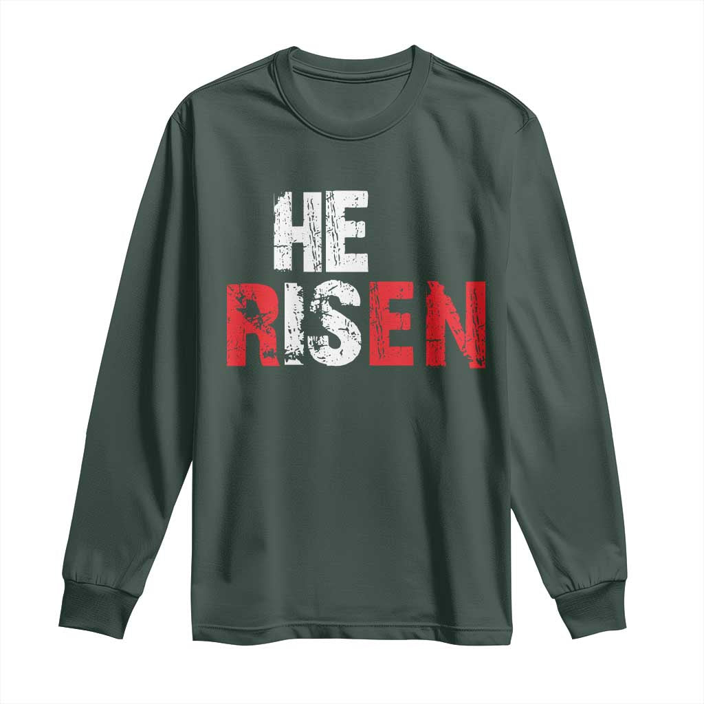 He Is Risen Long Sleeve Shirt Vintage Christian Religious Faith TS10 Dark Forest Green Print Your Wear