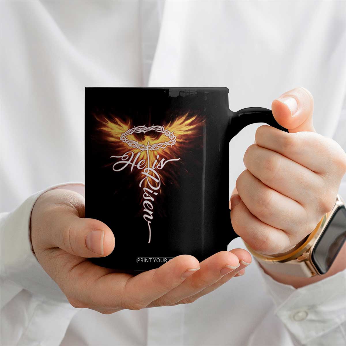 He Is Risen Coffee Mug Jesus Resurrection Easter Christian Cross Phoenix Rising TS10 Print Your Wear