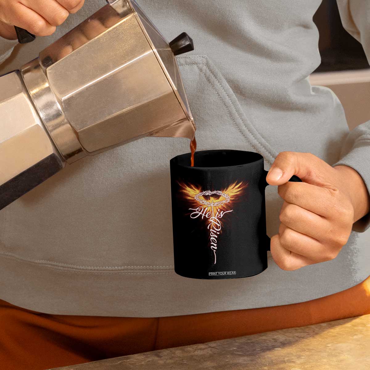 He Is Risen Coffee Mug Jesus Resurrection Easter Christian Cross Phoenix Rising TS10 Print Your Wear