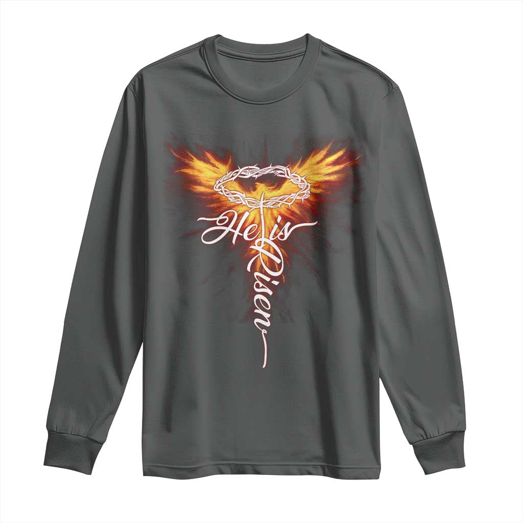 He Is Risen Long Sleeve Shirt Jesus Resurrection Easter Christian Cross Phoenix Rising TS10 Dark Heather Print Your Wear