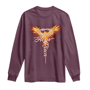 He Is Risen Long Sleeve Shirt Jesus Resurrection Easter Christian Cross Phoenix Rising TS10 Maroon Print Your Wear