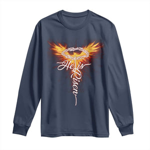 He Is Risen Long Sleeve Shirt Jesus Resurrection Easter Christian Cross Phoenix Rising TS10 Navy Print Your Wear