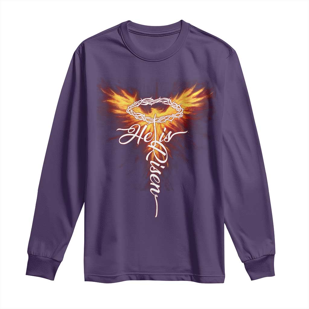 He Is Risen Long Sleeve Shirt Jesus Resurrection Easter Christian Cross Phoenix Rising TS10 Purple Print Your Wear