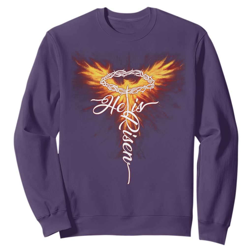 He Is Risen Sweatshirt Jesus Resurrection Easter Christian Cross Phoenix Rising TS10 Purple Print Your Wear