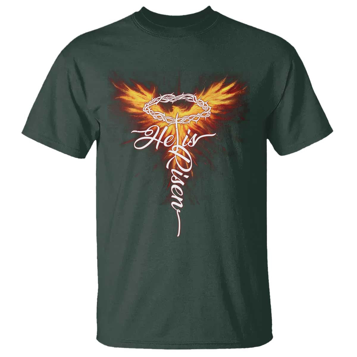 He Is Risen T Shirt Jesus Resurrection Easter Christian Cross Phoenix Rising TS10 Dark Forest Green Print Your Wear