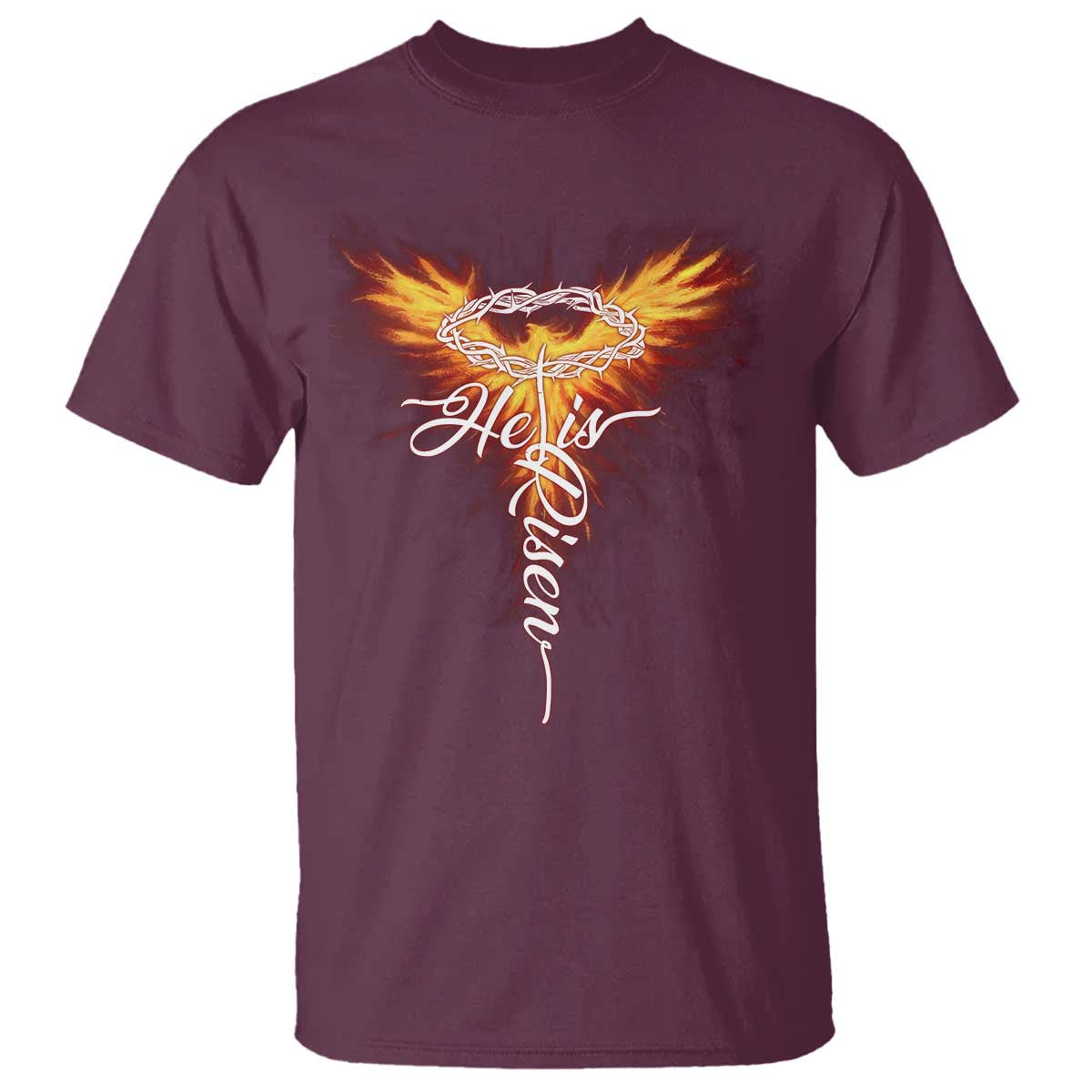 He Is Risen T Shirt Jesus Resurrection Easter Christian Cross Phoenix Rising TS10 Maroon Print Your Wear