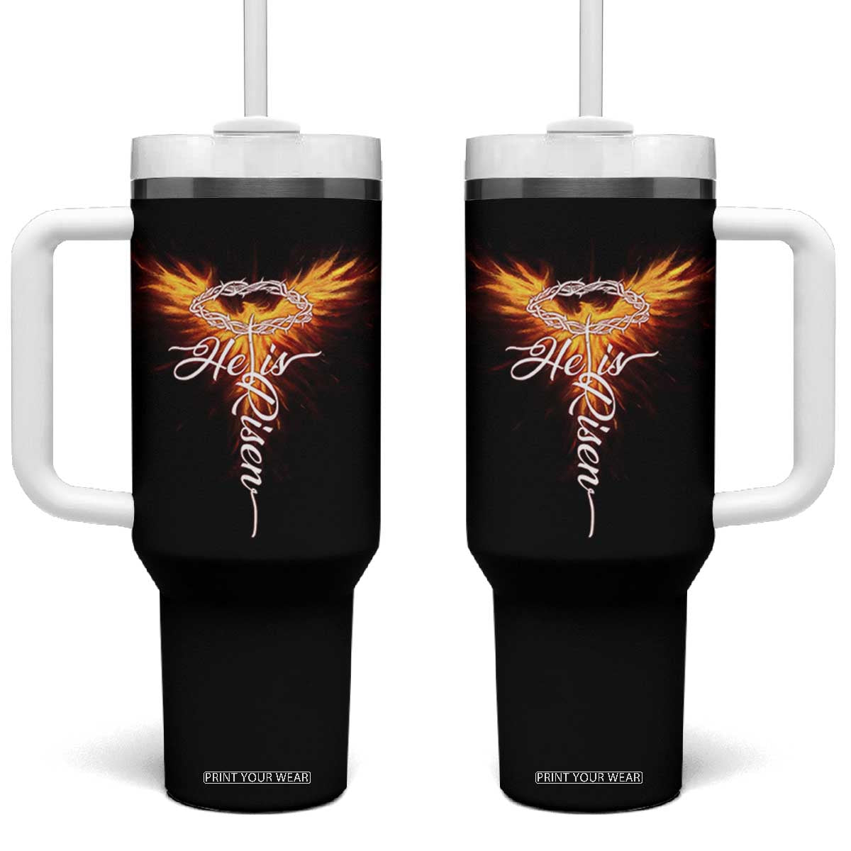 He Is Risen Tumbler With Handle Jesus Resurrection Easter Christian Cross Phoenix Rising TS10 One Size: 40 oz Black Print Your Wear