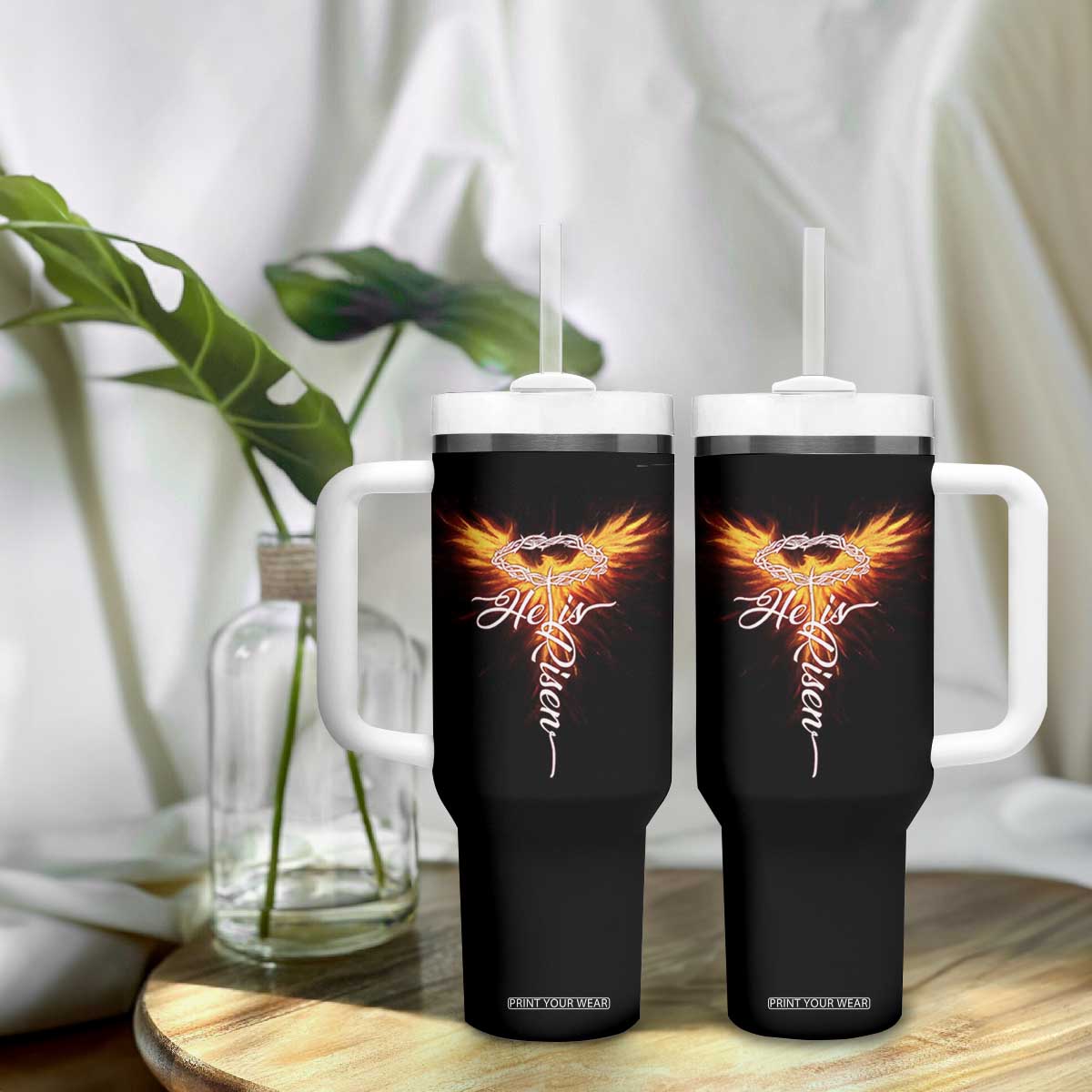 He Is Risen Tumbler With Handle Jesus Resurrection Easter Christian Cross Phoenix Rising TS10 Print Your Wear