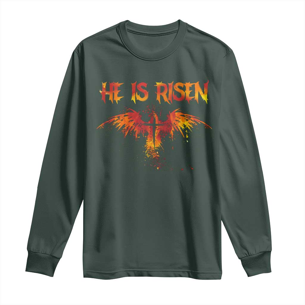 He Is Risen Long Sleeve Shirt Phoenix Christian Jesus Resurrection Cross TS10 Dark Forest Green Print Your Wear
